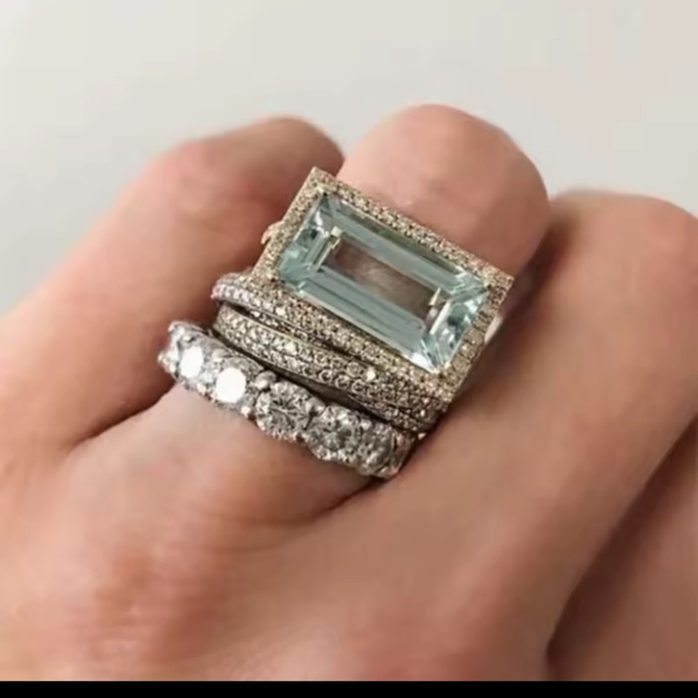 Faux Diamond and Aquamarine Gemstone Ring Set - Picture 3 of 3